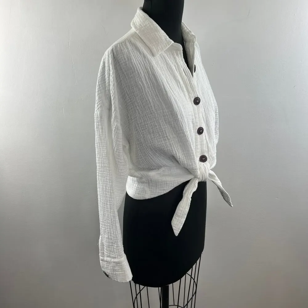 FREE PEOPLE White Cotton Sunstreaks Tie Front Long Sleeve Button-Down Top M?